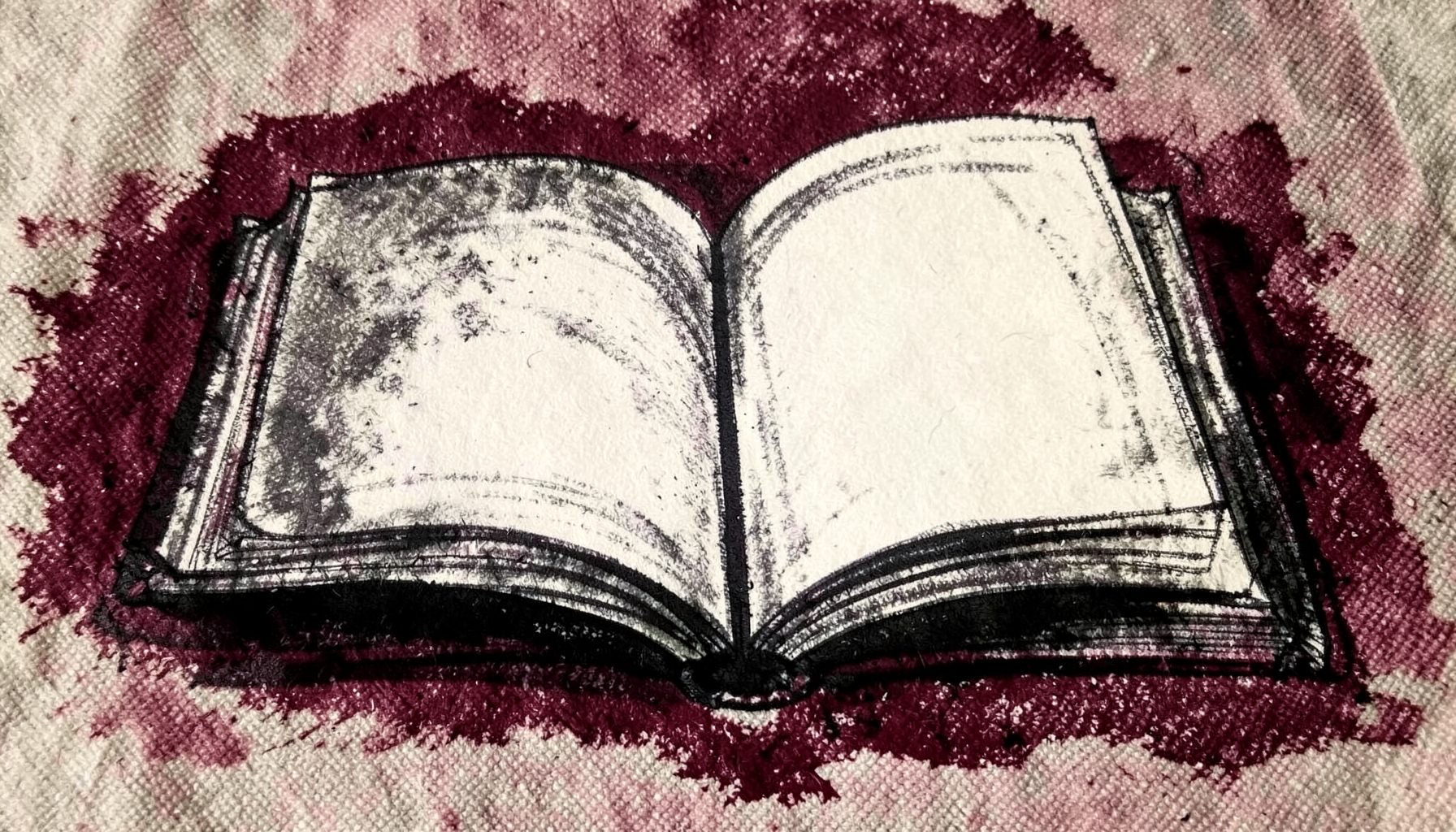 A bold charcoal-style drawing of an open book resting on a textured fabric surface, with deep burgundy shadows and warm ivory highlights suggesting memory and history